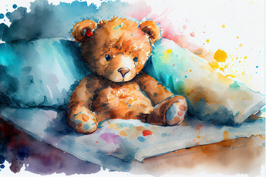 Upset sick teddy bear in bed, generative ai