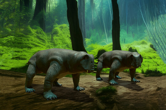 Two lystrosaurus in a forest (AI generated background)