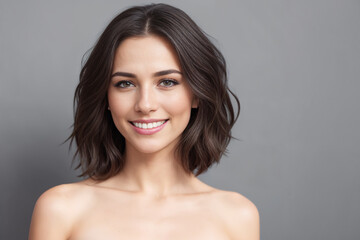 Beautiful woman brunette beauty close-up portrait on gray background. Generative AI - 569611906