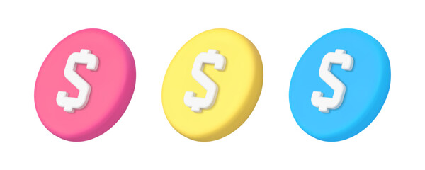 Dollar USD cash money circle button financial economy banking accounting 3d icon set vector