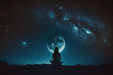 Woman meditating in front of night sky, symbolizing harmony and connectedness with the universe - AI generated