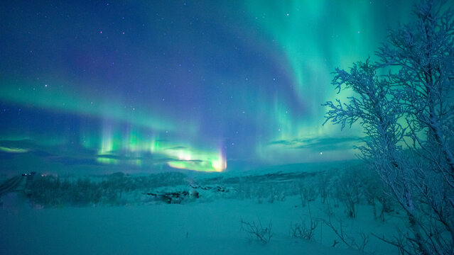Northern lights also known as Aurora Borealis over the winter Scandinavia