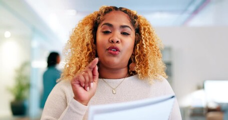 Documents, video call and black woman in office for virtual communication, financial advisor talking and proposal review. Discussion, feedback and paperwork of woman face in online meeting for advice - Powered by Adobe