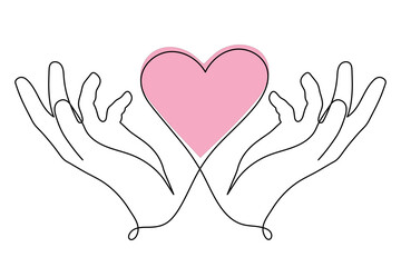Hands with heart one line art, love concept continuous contour drawing, hand-drawn. Romance, engagement and marriage symbol, decoration for Valentine's day. Editable stroke.Isolated.Vector