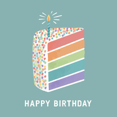 Happy birthday square card with a piece of colorful cake and a burning candle in pastel colors. Rainbow cake hand drawn watercolor illustration
