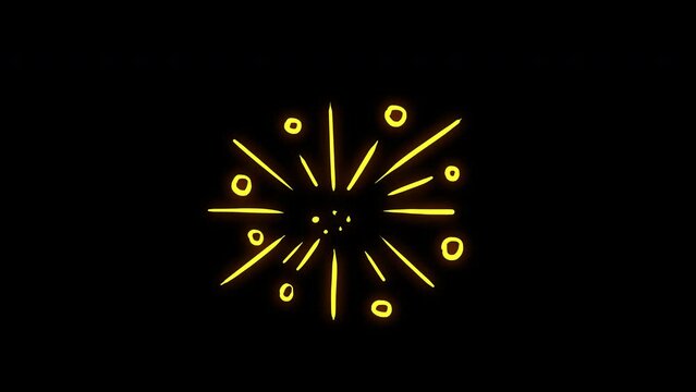 A simple geometric salute of yellow color on a black screen. The effect of celebration, victory, triumph, congratulations, delight, happiness. Stock 4k video explosion pyrotechnics with alpha channel.
