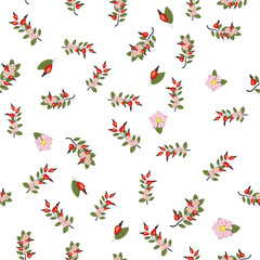 Seamless pattern with rosehip berries and flowers. Collection of various berries, herbs