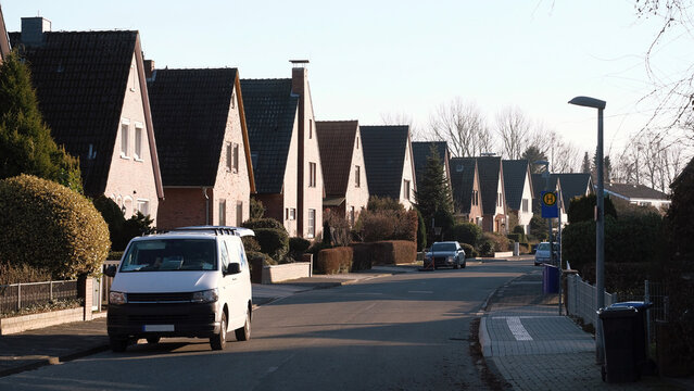 Emden, Germany - 02 05 2023: Cosy district with tiny private houses in the German village
