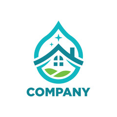 Home cleaning logo, outdoors, with a combination of water, lawn and sparkle icons. Isolated retail logo.