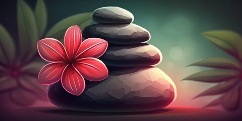 Zen stones in a holistic health idea with a deep red plumeria flower and a hazy background. Type body, mind, and soul. Generative AI