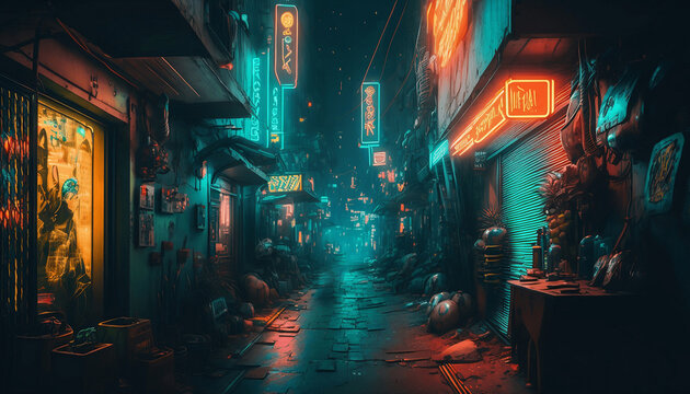 Futuristic sci-fi cyberpunk city with glowing neon lights at night. Generative Ai Digital Illustration