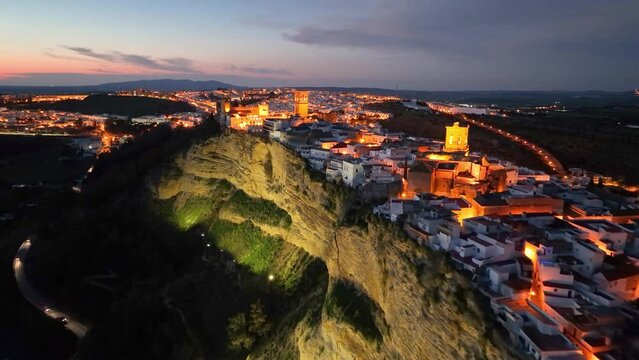 4k Aerial shot of Arcos de la Frontera, Andalucia at sunset, Spain. Famous pueblos blancos in Andalusia