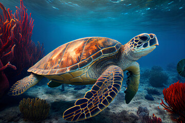 Fototapeta premium Close up underwater wild turtle floating over blue beautiful natural ocean background, with sunlight through water surface. Generative AI painting