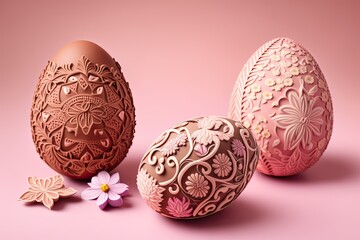 Handmade decorated Easter eggs on pink background generative ai