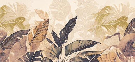 Tropical Leaves. Jungle. Nature. Beige. Wallpaper background. Plants. Texture. Generative AI.