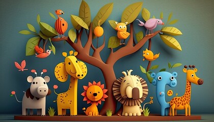 Obraz premium Jungle Playtime: A fun and lively scene of cute animals having fun on the branches in the tropics. The animals full of energy, each with unique expressions and poses. The mood is light generative ai
