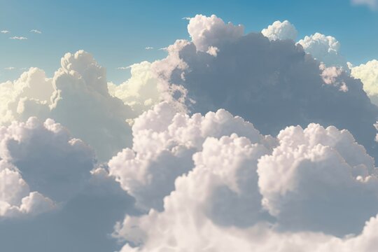 White clouds and blue sky from airplane window view. Cloudscape background. Generative AI