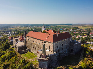 Obraz premium Aerial vIew by drone. Summer. Mukachevo. Palanok castle, fortess, Zakarpattia Ukraine Castles 