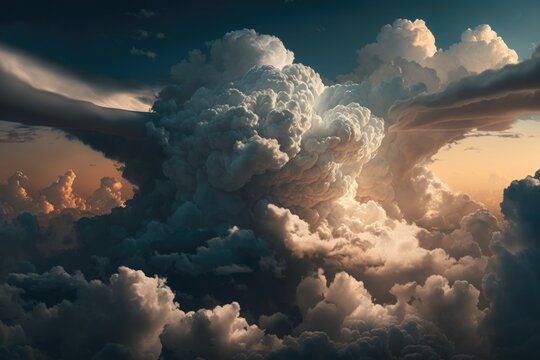 Dramatic white clouds and blue sky from airplane window view. Colorful sunset cloudscape background. Generative AI