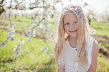 Obraz premium A beautiful blonde girl walks in the garden among flowering trees on a sunny day. The female child dressed white sunfress in spring dy