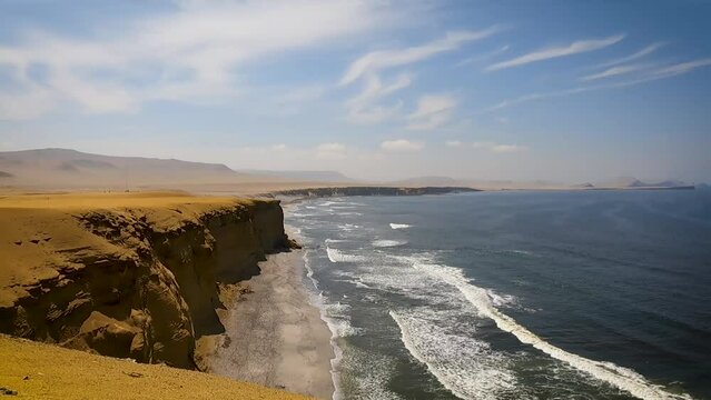 Landscape in Paracas National Park Reserve. Bird of prey circling in Playa Catedral. South American beach. 
