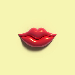 Red lips 3d kiss vector illustration isolated on yellow background. Romantic print for Valentine's Day.