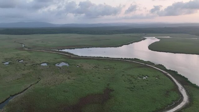 Canoe in the Sunset Time Drone Video, Mert Lake İgneada, Kirklareli Turkey