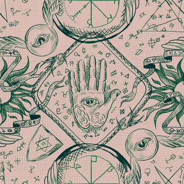 Seamless pattern with magical elements: hands, stars, sun,moon,eyes.