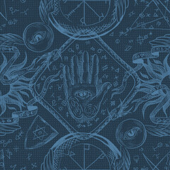 Seamless pattern with magical elements: hands, stars, sun,moon,eyes.