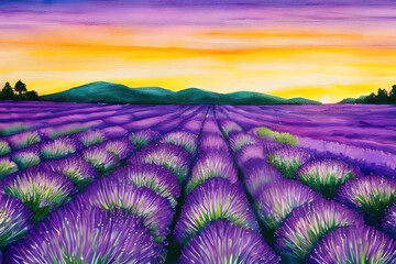 Beautiful lavender field at sunset, watercolor. AI generated.