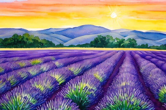 Magical lavender field at sunset, watercolor. AI generated.