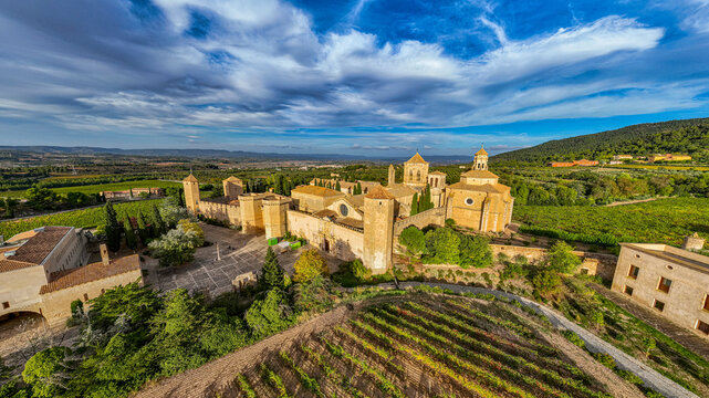 Aerial of Poblet Abbey, UNESCO World Heritage Site, Catalonia, Spain, Europe