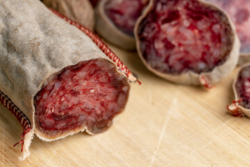 Sausage cut into pieces on the table