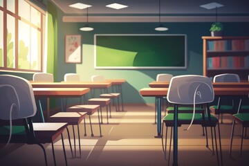 School classroom in blur background without young student; Blurry view of elementary class room no kid or teacher with chairs and tables in campus. Generative AI