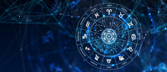 Astrological zodiac signs inside of horoscope circle. Astrology, knowledge of stars in the sky over the milky way and moon. The power of the universe concept. 3d illustration