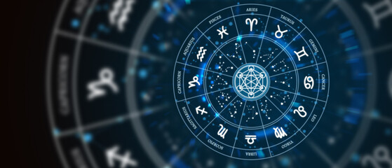 Astrological zodiac signs inside of horoscope circle. Astrology, knowledge of stars in the sky over the milky way and moon. The power of the universe concept. 3d illustration