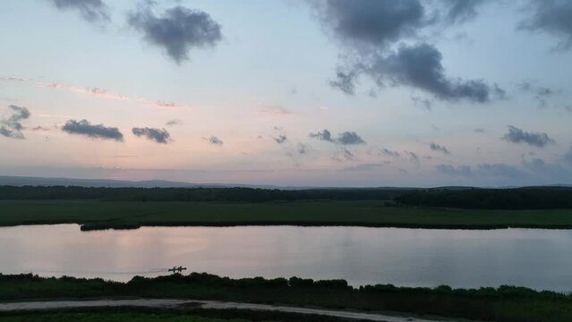 Canoe in the Sunset Time Drone Video, Mert Lake İgneada, Kirklareli Turkey