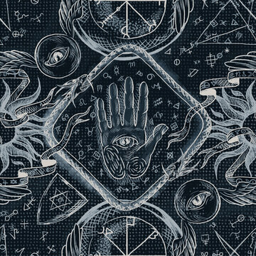 Seamless pattern with magical elements: hands, stars, sun,moon,eyes.