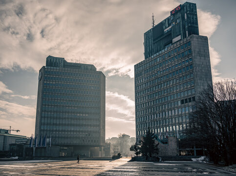 Republic Square Trg Republike Skyscrapers Ljubljanka Banka and Tr3 square designed Edvard Ravnikar