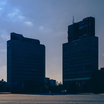 Republic Square Trg Republike Skyscrapers Ljubljanka Banka and Tr3 square designed Edvard Ravnikar