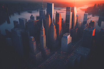 Manhattan Financial District Skyline. New York City skyscraper at sunset, aerial view. NYC skyscrapers Cityscape. Building in New York One World Trade Center. New York city, Ai Generative illustration