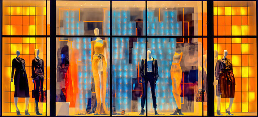 Obraz na płótnie Canvas Schaufenster für Damen und Herren Mode bei Nacht Illustration Generative AI Digital Art Kunst Hintergrund Brainstorming