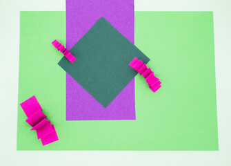Abstract background in green, pink and purple colors with 3D paper elements, zig zag pattern . As a...