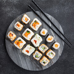 sushi rolls delicious seafood healthy meal food snack on the table copy space food background rustic top view