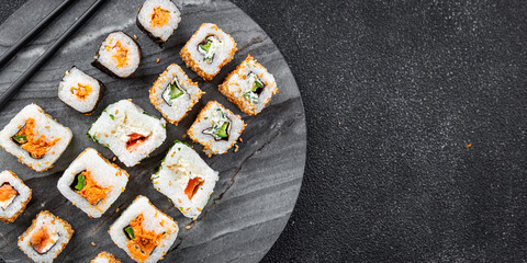 sushi rolls delicious seafood healthy meal food snack on the table copy space food background rustic top view