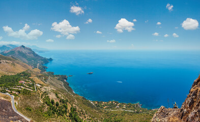 Fototapeta premium View from San Biagio mountain on Tyrrhenian sea coast near Maratea, Basilicata, Italy