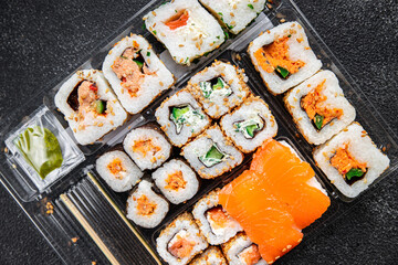sushi rolls delicious seafood healthy meal food snack on the table copy space food background rustic top view