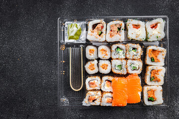 sushi rolls delicious seafood healthy meal food snack on the table copy space food background rustic top view