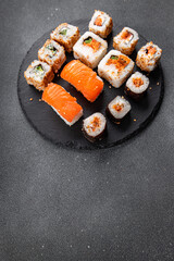 sushi rolls delicious seafood healthy meal food snack on the table copy space food background rustic top view