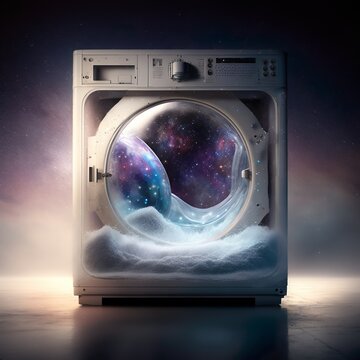 Portal zu einem Universum innerhalb einer magischen Waschmaschine im Dunkeln, KI generiert